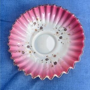 Antique Ruffled Glass Bride’s Basket Uranium Glass  Bowl Gold Flowers 9.5”